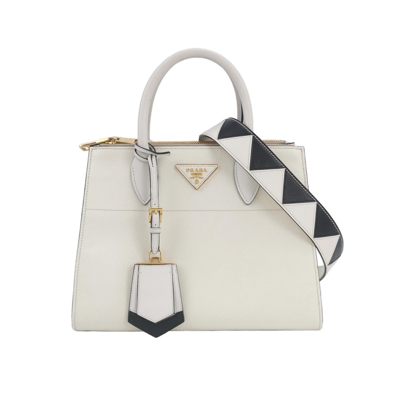 Prada雙拉鍊十字紋牛皮 奶白色殺手包 手提包 可拆卸肩帶-0