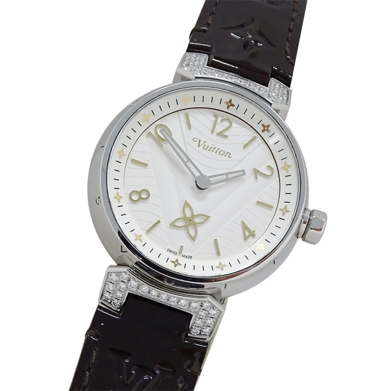 路易威登女士 Tambour New Wave 鑽石石英腕錶，QZ，不鏽鋼，皮革，圓形，拋光，QA118-0