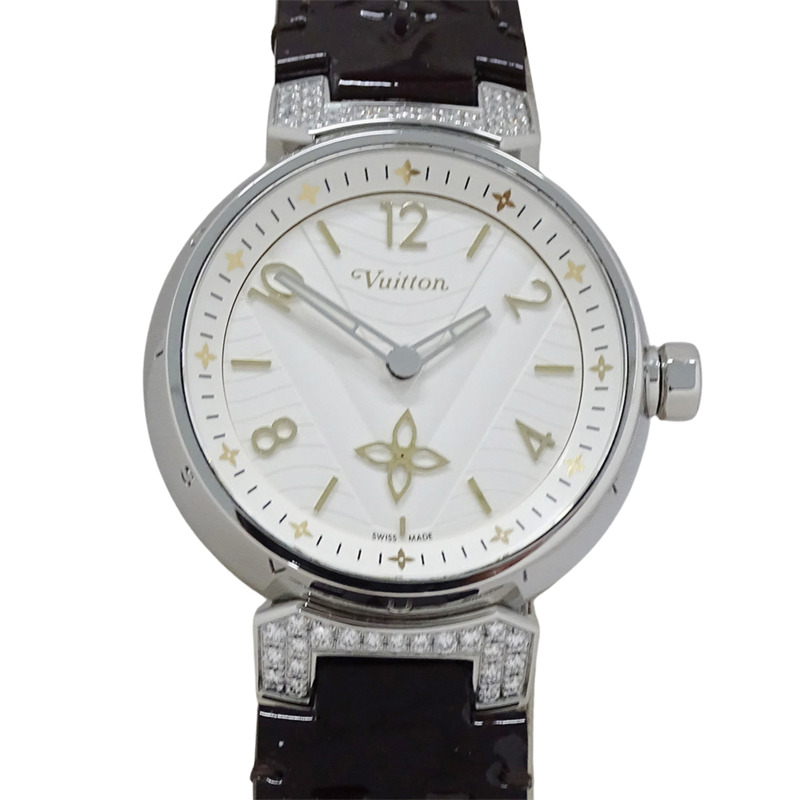 路易威登女士 Tambour New Wave 鑽石石英腕錶，QZ，不鏽鋼，皮革，圓形，拋光，QA118-1