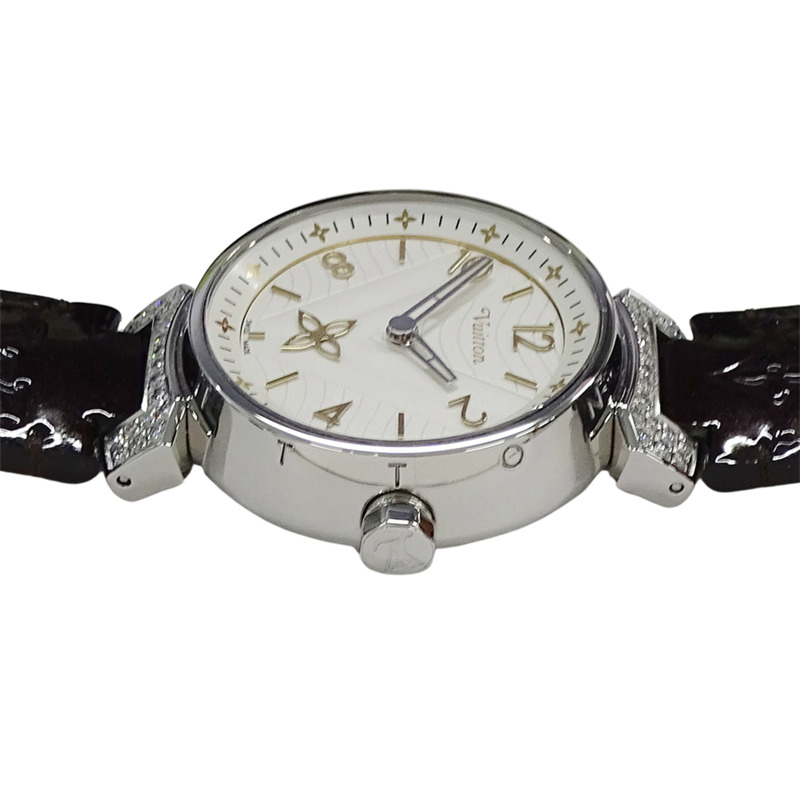 路易威登女士 Tambour New Wave 鑽石石英腕錶，QZ，不鏽鋼，皮革，圓形，拋光，QA118-2