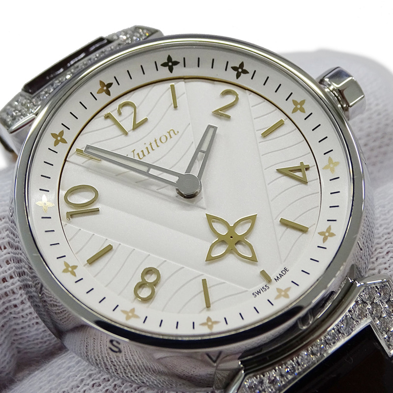 路易威登女士 Tambour New Wave 鑽石石英腕錶，QZ，不鏽鋼，皮革，圓形，拋光，QA118-12