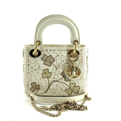 Dior白色小牛皮限量刺繡款四葉草三格戴妃