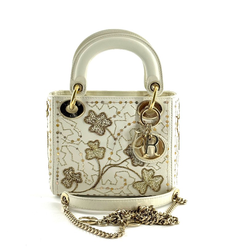 Dior白色小牛皮限量刺繡款四葉草三格戴妃-0