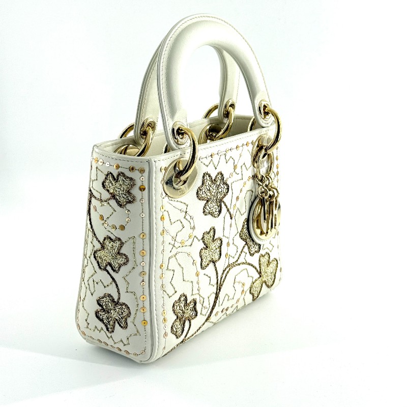 Dior白色小牛皮限量刺繡款四葉草三格戴妃-1