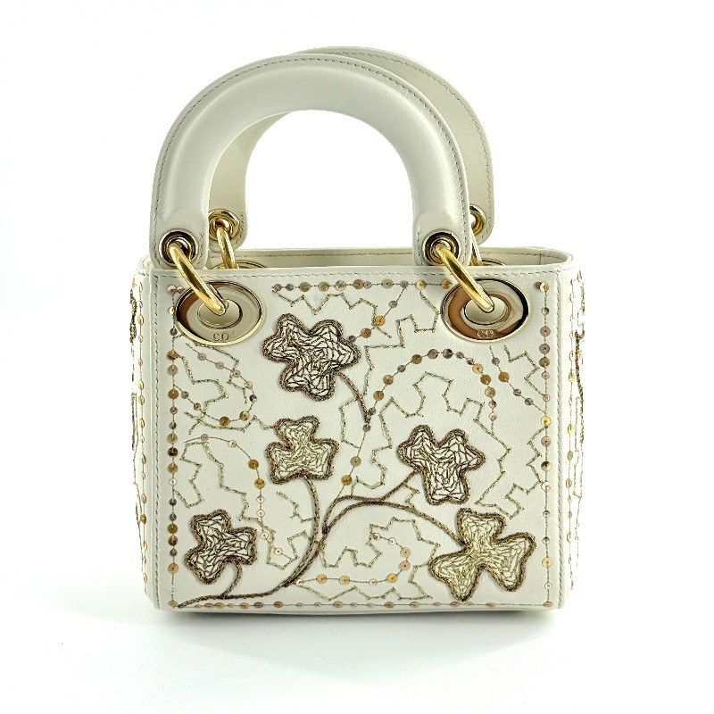 Dior白色小牛皮限量刺繡款四葉草三格戴妃-2