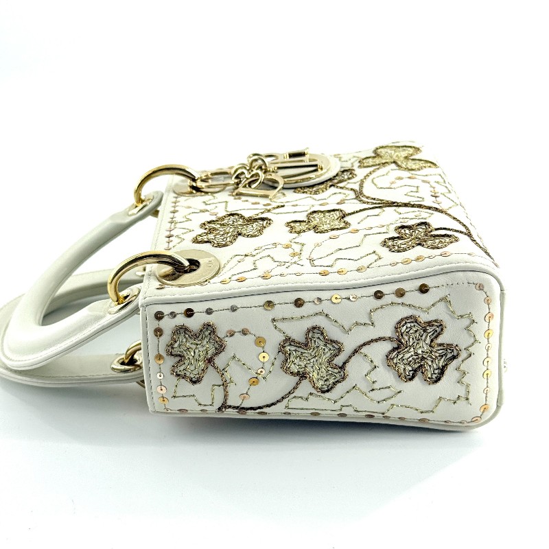 Dior白色小牛皮限量刺繡款四葉草三格戴妃-5