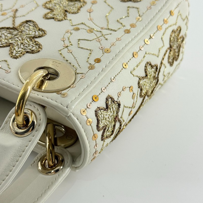 Dior白色小牛皮限量刺繡款四葉草三格戴妃-9