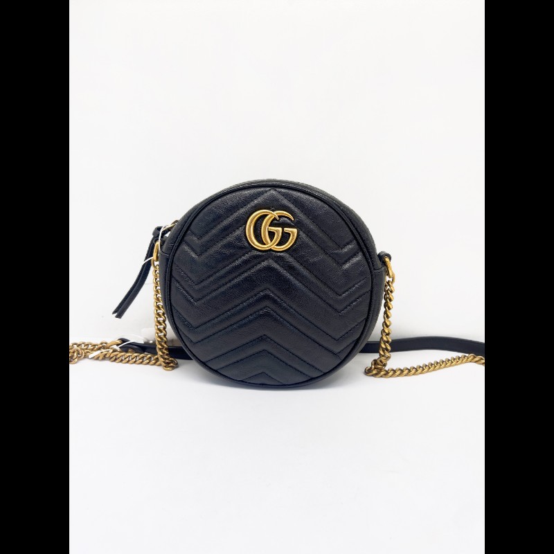 GUCCI GG 黑色牛皮圓餅包 斜背包肩背包-0