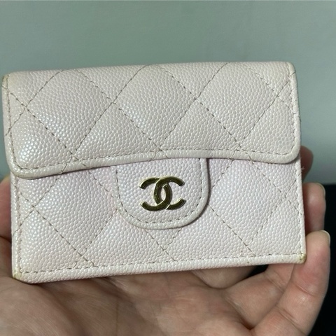 香奈兒Chanel CF櫻花粉金扣荔枝皮防刮三折短夾