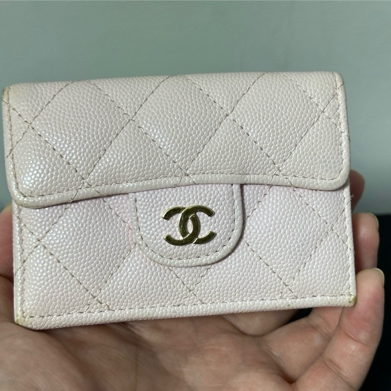香奈兒Chanel CF櫻花粉金扣荔枝皮防刮三折短夾-7