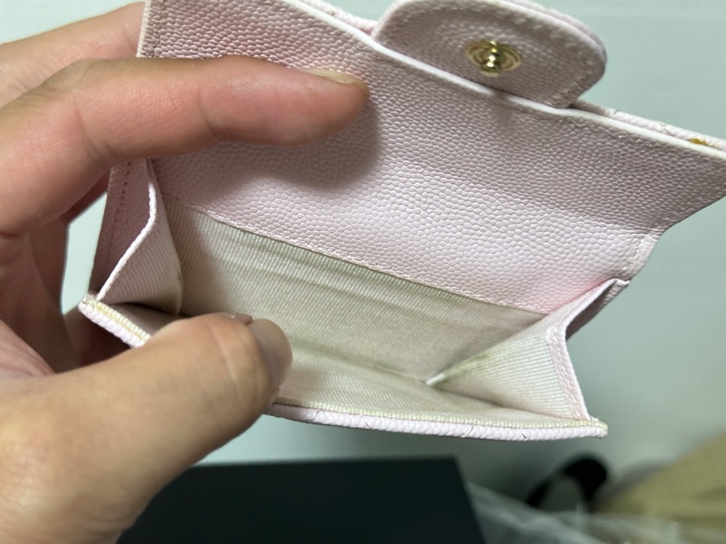 香奈兒Chanel CF櫻花粉金扣荔枝皮防刮三折短夾-12
