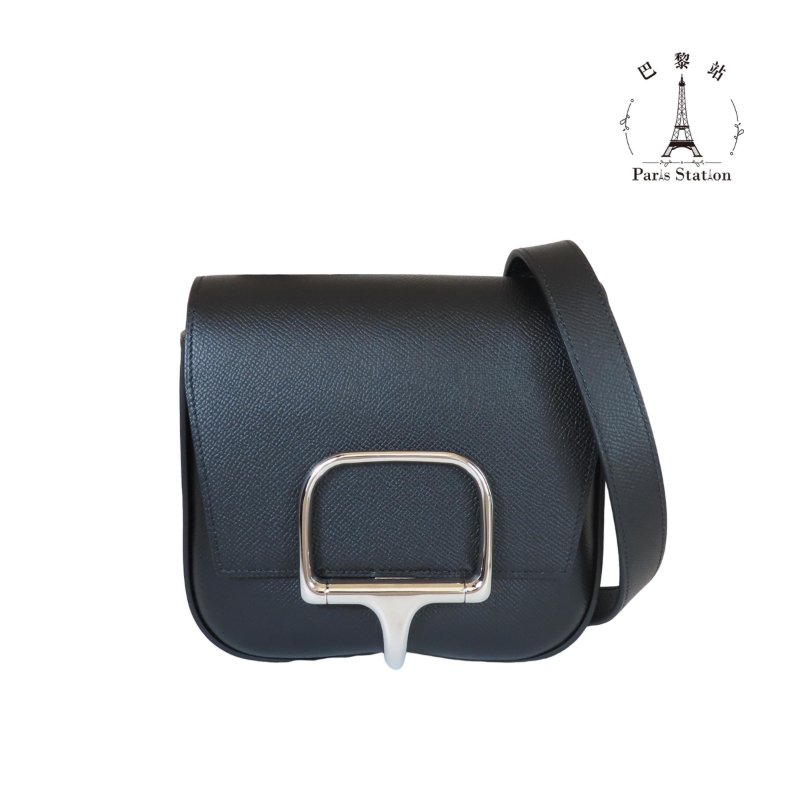 【巴黎站二手名牌專賣店】＊現貨＊HERMES 愛馬仕 真品＊U刻 DELLA 18黑色皮革銀釦肩背包 屁股包-0