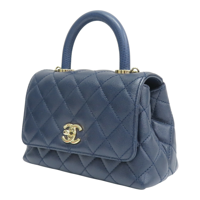 深藍色 荔枝紋 牛皮 Coco Handle Mini 肩背包【CHANEL 香奈兒】 AS2215-2