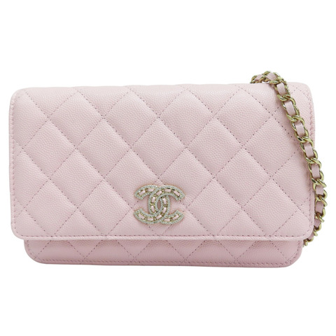 粉色 菱格紋 荔枝牛皮 水鑽logo WOC 鍊帶肩背包【CHANEL 香奈兒】