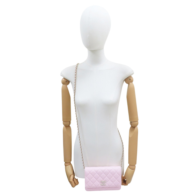 粉色 菱格紋 荔枝牛皮 水鑽logo WOC 鍊帶肩背包【CHANEL 香奈兒】-8