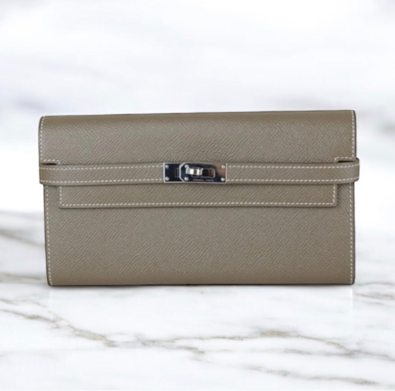 「JL精品代購」98新 愛馬仕Hermes Kelly 長夾 大象灰銀扣-0