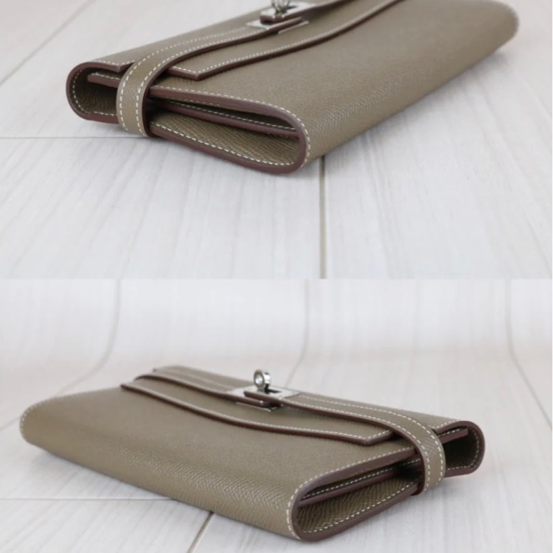 「JL精品代購」98新 愛馬仕Hermes Kelly 長夾 大象灰銀扣-4