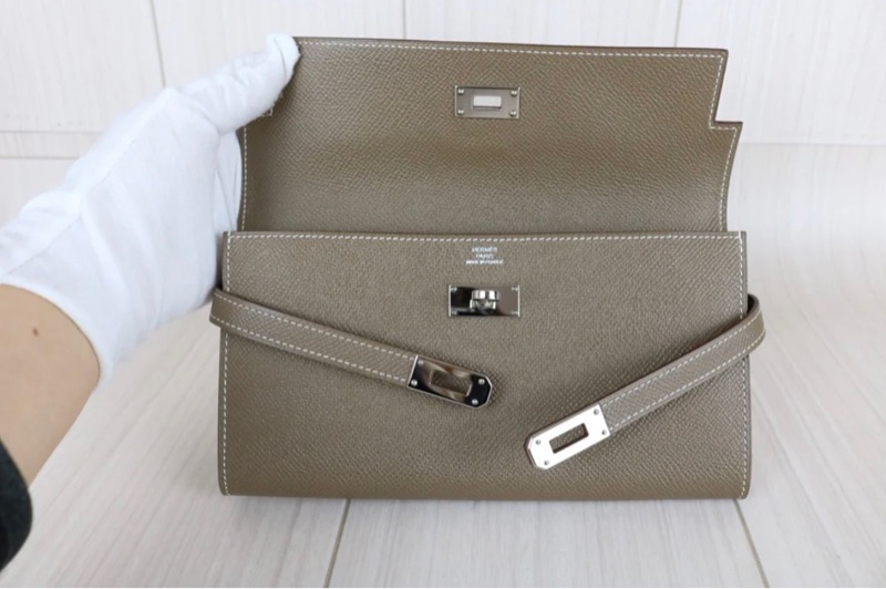 「JL精品代購」98新 愛馬仕Hermes Kelly 長夾 大象灰銀扣-8