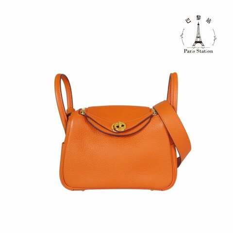 【巴黎站二手名牌專賣店】＊現貨＊HERMES 愛馬仕 真品＊B刻愛馬仕橘金釦MINI LINDY手提肩背包