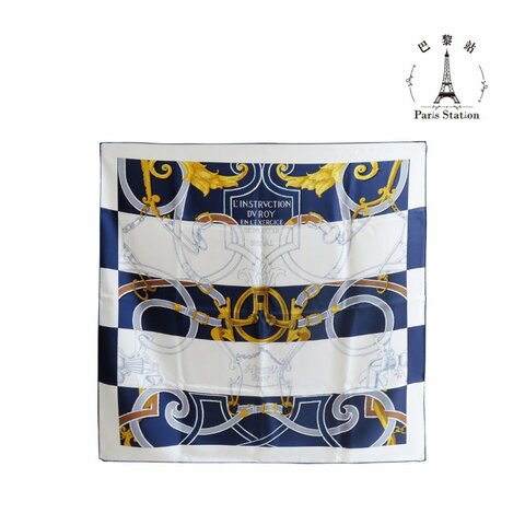 【巴黎站二手名牌專賣店】＊現貨＊HERMES 愛馬仕 真品＊白底藍色國王騎馬指導圖案絲巾90x90