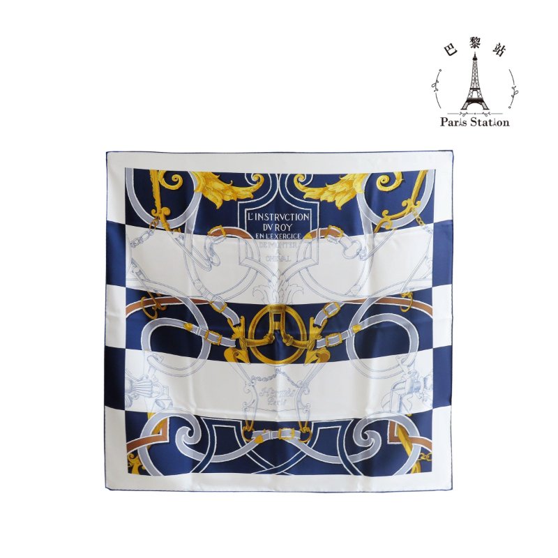 【巴黎站二手名牌專賣店】＊現貨＊HERMES 愛馬仕 真品＊白底藍色國王騎馬指導圖案絲巾90x90-0