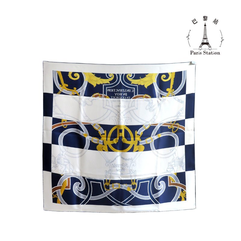 【巴黎站二手名牌專賣店】＊現貨＊HERMES 愛馬仕 真品＊白底藍色國王騎馬指導圖案絲巾90x90-1