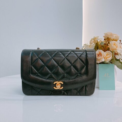 MS0391 Chanel 香奈兒 中古 戴安娜王妃 小號 黑金 黃金成份 五金/鏈條 Vintage Diana 22cm Lambskin Black x GHW