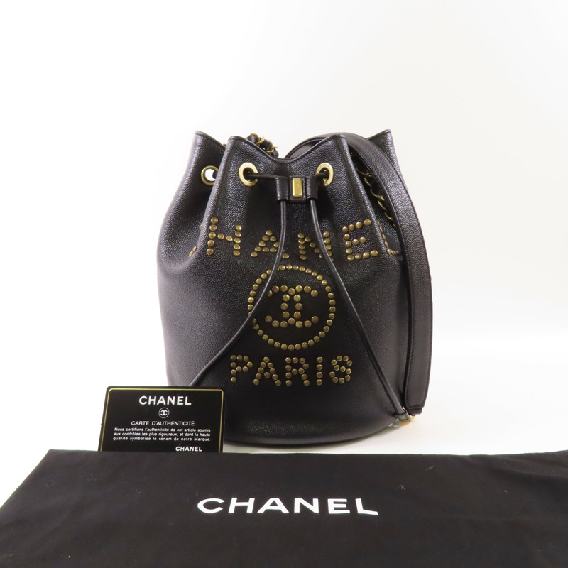 CHANEL 牛皮皮革Drawstring Bucket金扣鏈帶肩背袋-9