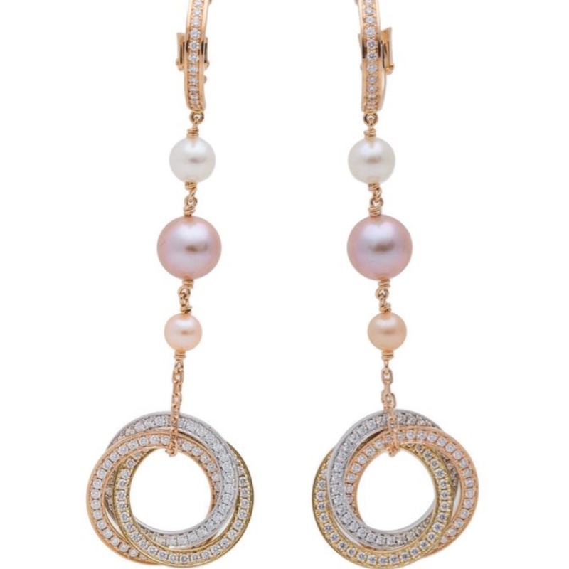 Cartier卡地亚 三色金三环满钻珍珠耳环-7