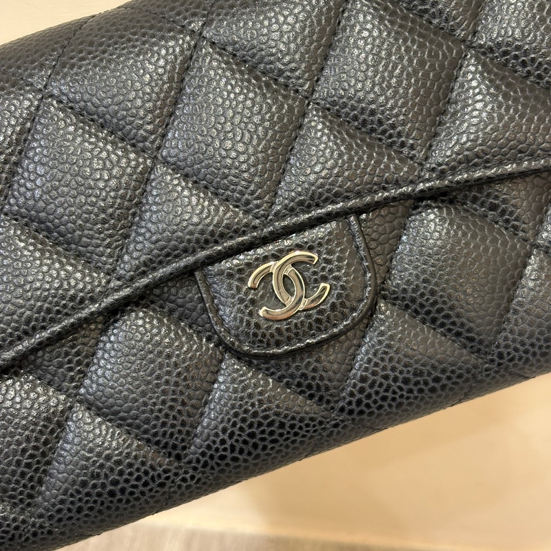 Chanel 黑銀荔枝皮長夾-6