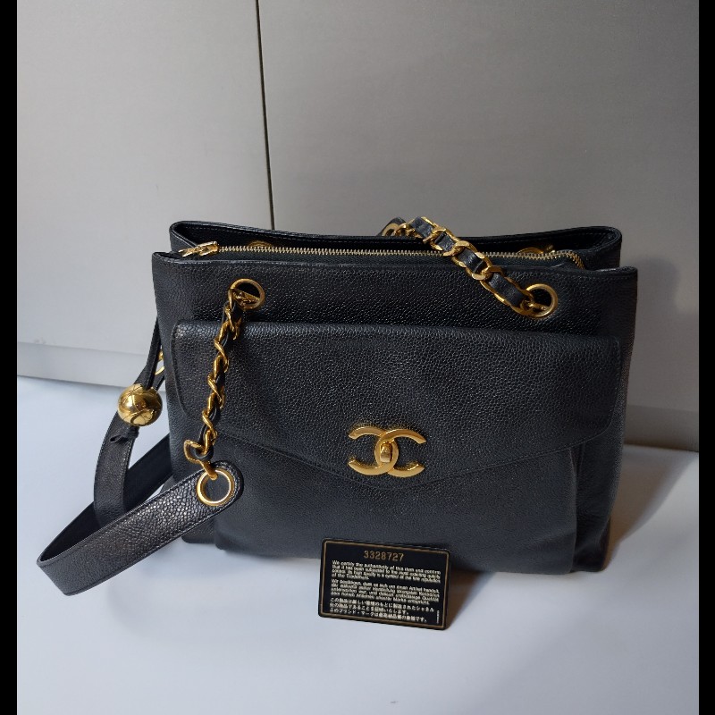 Chanel 金鍊黑荔枝皮金球復古肩側包-5