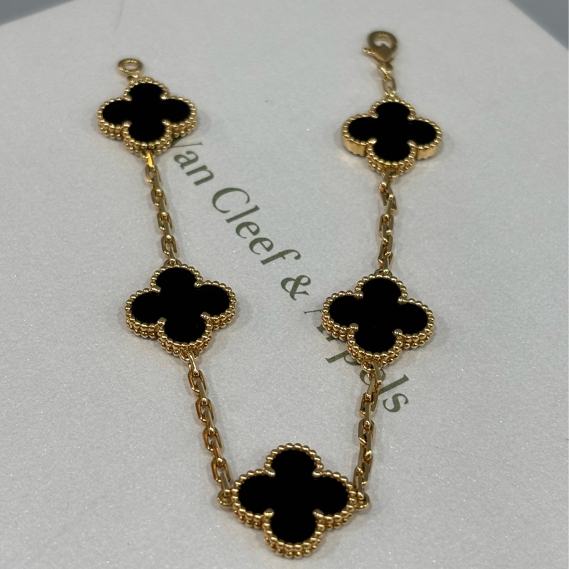 VCA Van Cleef & Arpels alhambra 梵克雅寶 四葉草幸運草 750黃K金 黑瑪瑙 5花 手鍊-25