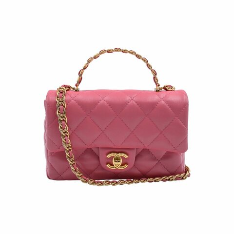 CHANEL香奈兒粉紅皮革菱格紋迷你翻蓋包