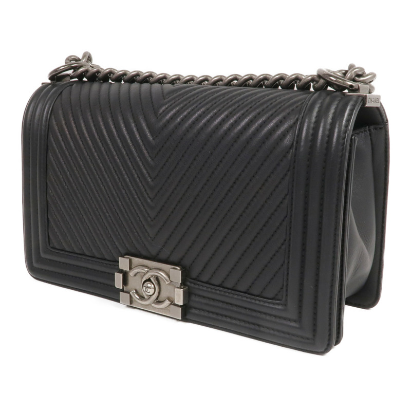 CHANEL 羊皮皮革Boy 25銀扣鏈帶肩背袋-2