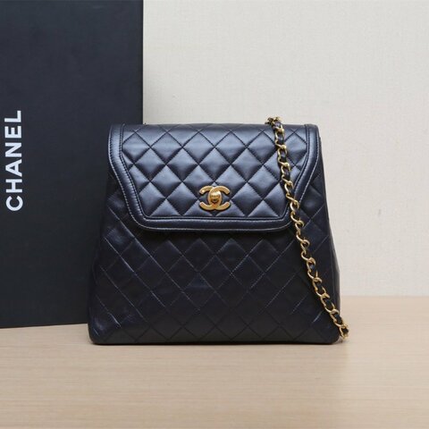 CHANEL 藍色羊皮金扣中古單肩包肩背包