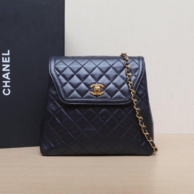 CHANEL 藍色羊皮金扣中古單肩包肩背包-0