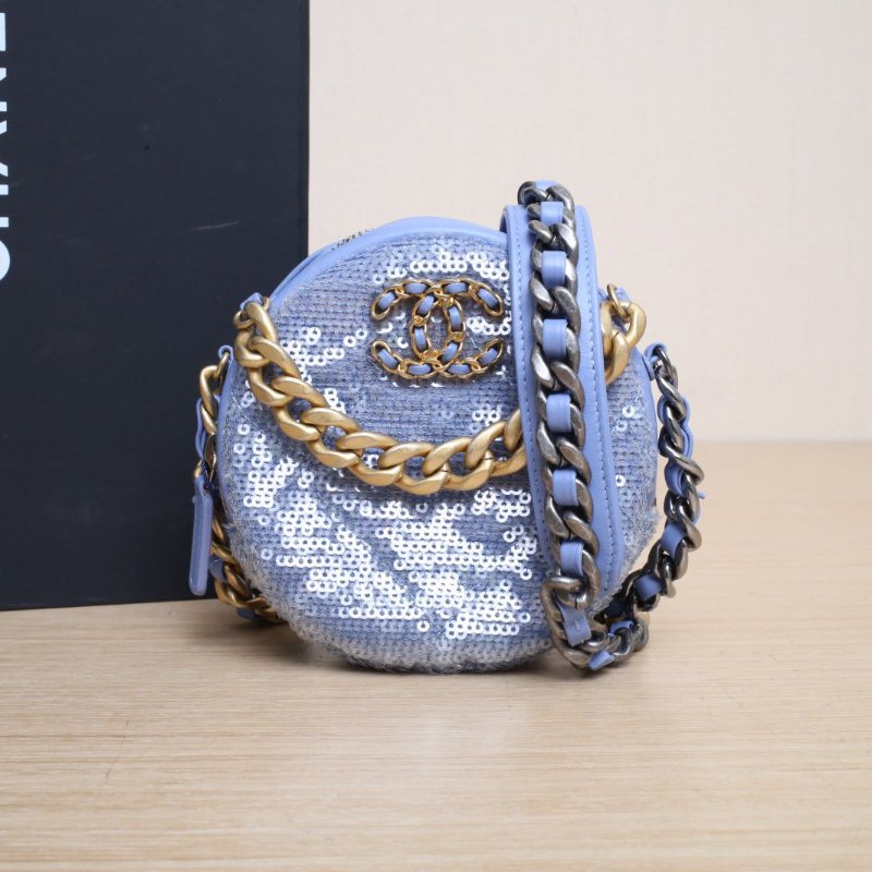 CHANEL 19BAG小圓餅包藍色珠片30開金銀扣肩背包-0