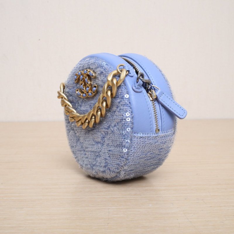 CHANEL 19BAG小圓餅包藍色珠片30開金銀扣肩背包-2