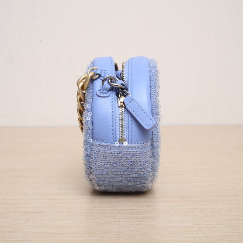 CHANEL 19BAG小圓餅包藍色珠片30開金銀扣肩背包-3