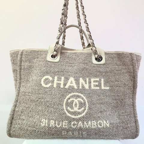 CHANEL白牛皮x杏白色毛呢沙灘包-中