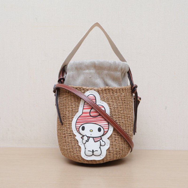 CHLOE 棕色牛皮帆布草編Woody編織米菲兔水桶包////肩背包-0