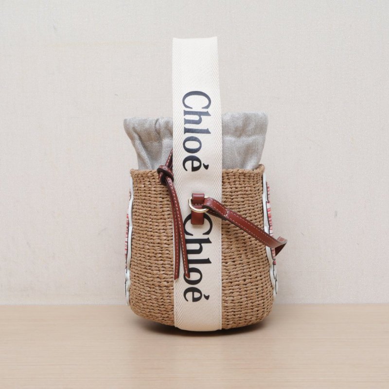 CHLOE 棕色牛皮帆布草編Woody編織米菲兔水桶包////肩背包-4