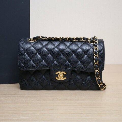 CHANEL CF口蓋包小號23黑色荔枝牛皮28開金扣菱格紋肩背包