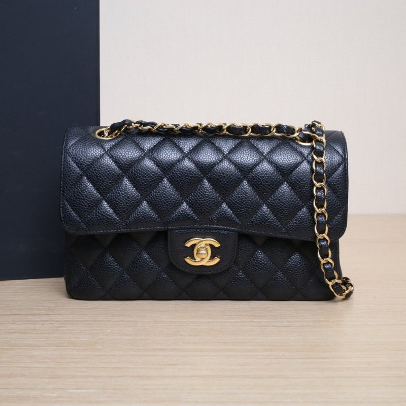 CHANEL CF口蓋包小號23黑色荔枝牛皮28開金扣菱格紋肩背包-0
