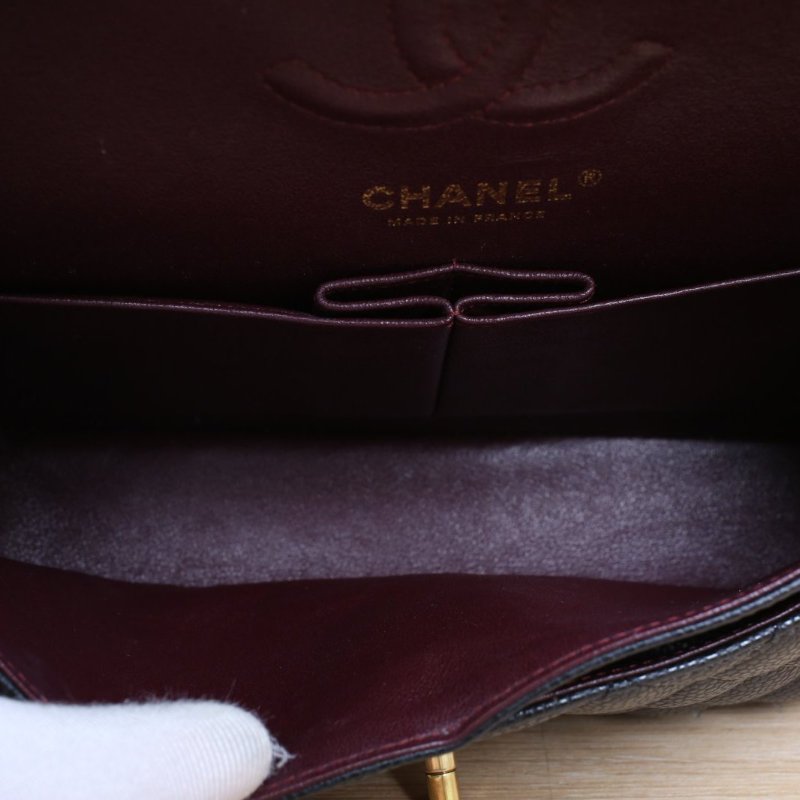 CHANEL CF口蓋包小號23黑色荔枝牛皮28開金扣菱格紋肩背包-4