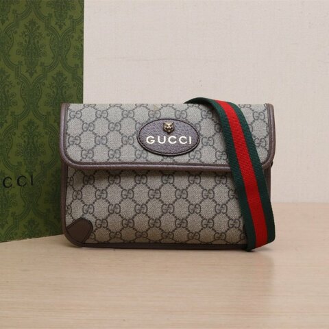 GUCCI NeoVintage虎頭腰包24烏木色PVC金扣肩背包