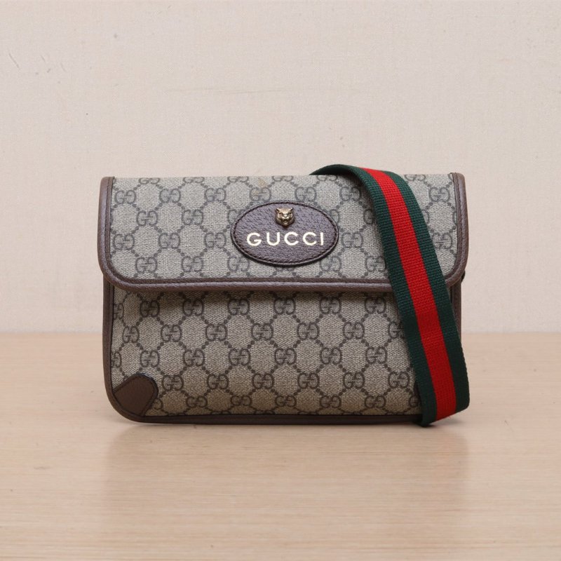 GUCCI NeoVintage虎頭腰包24烏木色PVC金扣肩背包-1