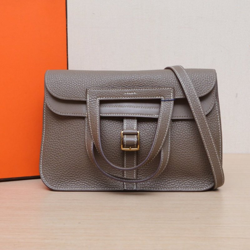 HERMES Halzan25雙提手單肩包18大象灰TC皮Y刻金扣肩背包-0