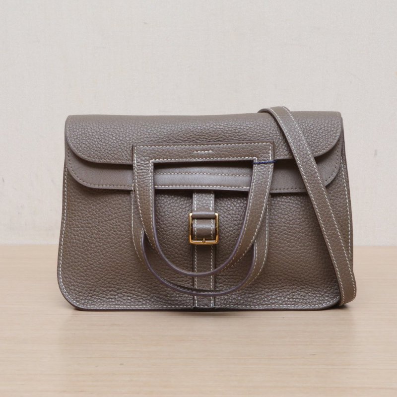 HERMES Halzan25雙提手單肩包18大象灰TC皮Y刻金扣肩背包-1