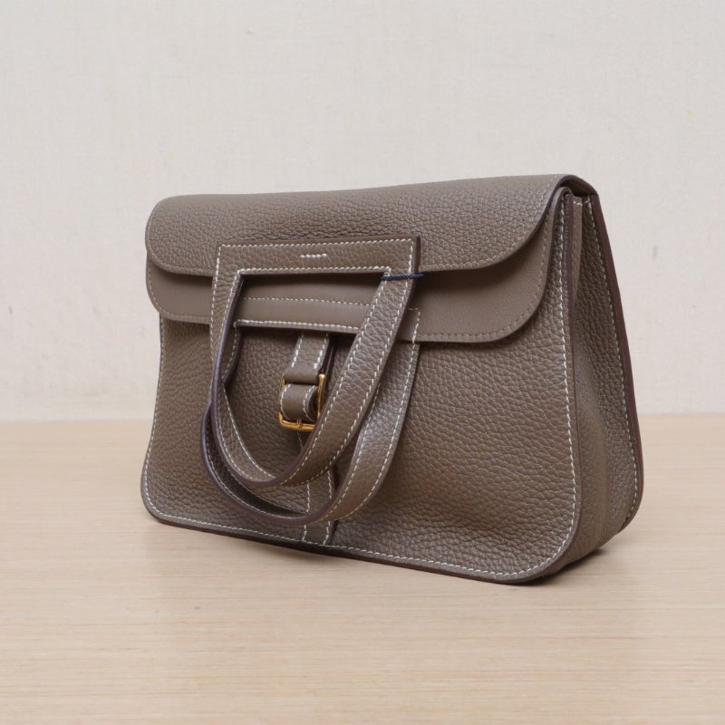 HERMES Halzan25雙提手單肩包18大象灰TC皮Y刻金扣肩背包-4